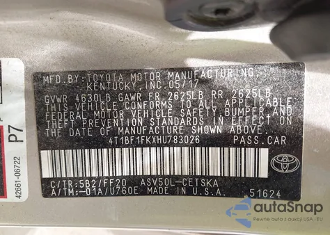 2017 Toyota Camry Se из США, поврежденный, VIN 4T1BF1FKXHU783026